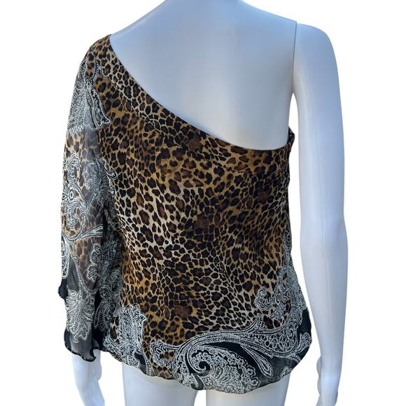 Y2K Caché Silk Chiffon Cold Shoulder Blouse Beaded Leopard Print Paisley Med - Picture 2 of 6